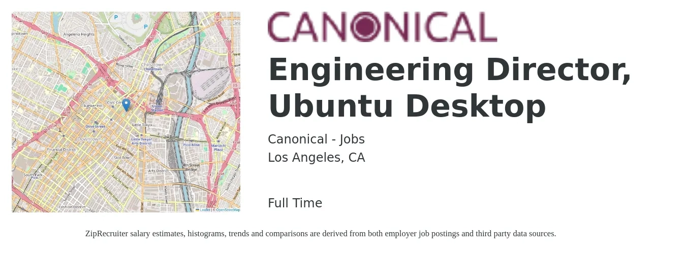 Canonical - Jobs job posting for a Engineering Director, Ubuntu Desktop in Los Angeles, CA with a salary of $152,500 to $272,600 Yearly with a map of Los Angeles location.