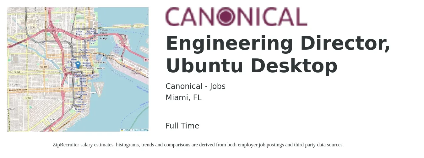 Canonical - Jobs job posting for a Engineering Director, Ubuntu Desktop in Miami, FL with a salary of $135,300 to $242,000 Yearly with a map of Miami location.