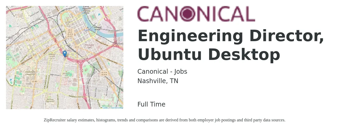Canonical - Jobs job posting for a Engineering Director, Ubuntu Desktop in Nashville, TN with a salary of $136,700 to $244,400 Yearly with a map of Nashville location.