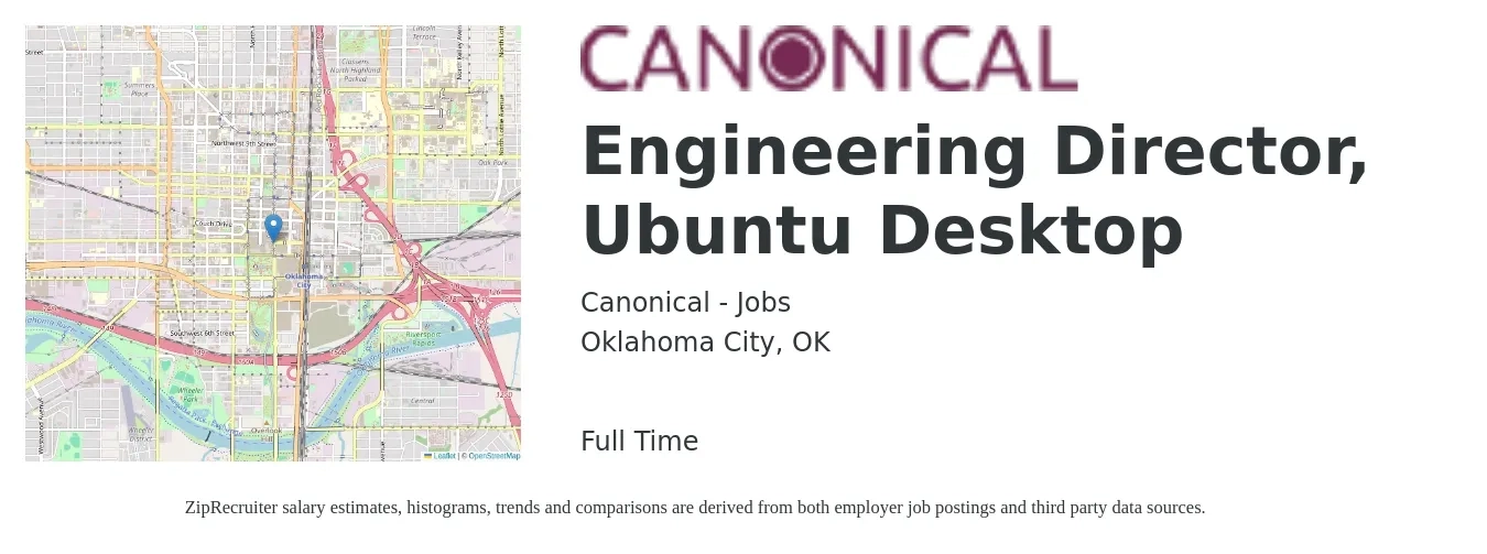 Canonical - Jobs job posting for a Engineering Director, Ubuntu Desktop in Oklahoma City, OK with a salary of $131,400 to $235,000 Yearly with a map of Oklahoma City location.