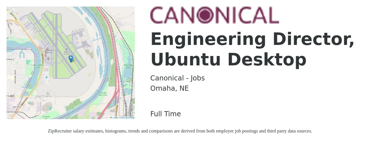 Canonical - Jobs job posting for a Engineering Director, Ubuntu Desktop in Omaha, NE with a salary of $135,400 to $242,000 Yearly with a map of Omaha location.