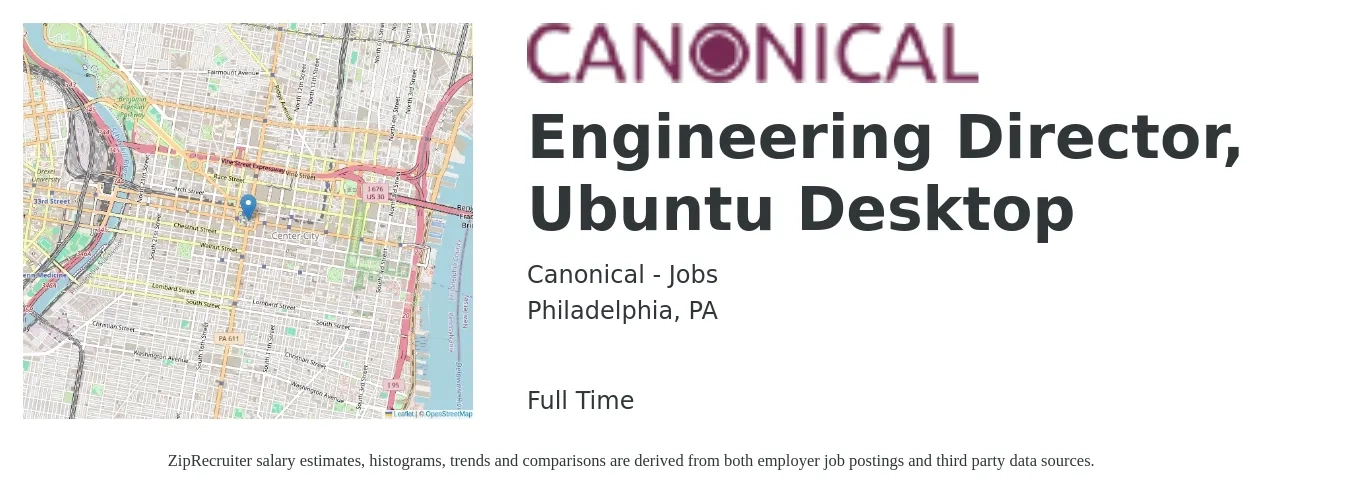 Canonical - Jobs job posting for a Engineering Director, Ubuntu Desktop in Philadelphia, PA with a salary of $142,800 to $255,300 Yearly with a map of Philadelphia location.