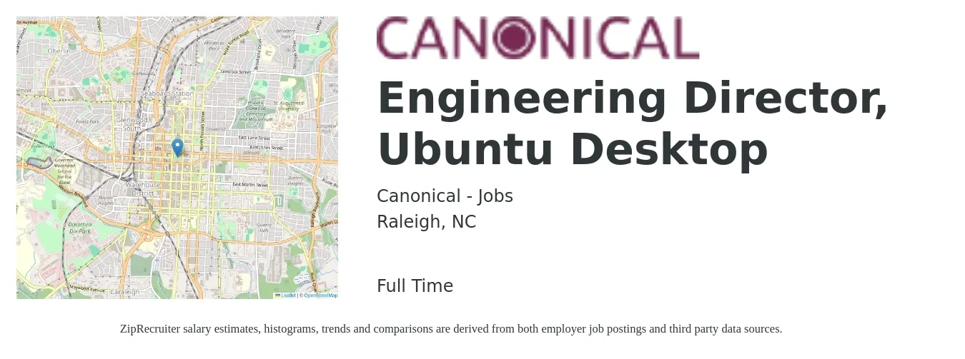 Canonical - Jobs job posting for a Engineering Director, Ubuntu Desktop in Raleigh, NC with a salary of $137,500 to $245,900 Yearly with a map of Raleigh location.