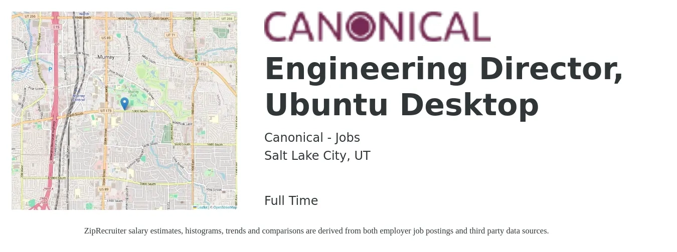 Canonical - Jobs job posting for a Engineering Director, Ubuntu Desktop in Salt Lake City, UT with a salary of $136,900 to $244,800 Yearly with a map of Salt Lake City location.