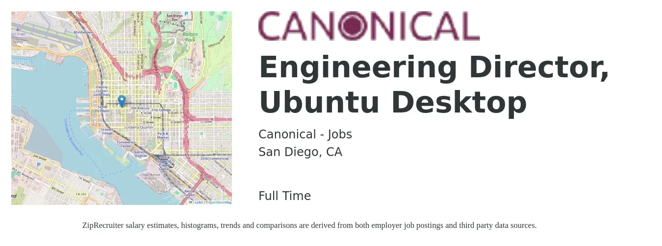 Canonical - Jobs job posting for a Engineering Director, Ubuntu Desktop in San Diego, CA with a salary of $150,200 to $268,600 Yearly with a map of San Diego location.