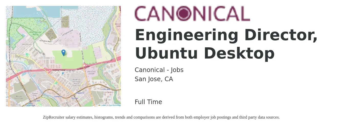 Canonical - Jobs job posting for a Engineering Director, Ubuntu Desktop in San Jose, CA with a salary of $165,800 to $296,500 Yearly with a map of San Jose location.
