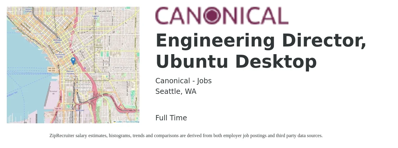 Canonical - Jobs job posting for a Engineering Director, Ubuntu Desktop in Seattle, WA with a salary of $161,000 to $287,900 Yearly with a map of Seattle location.
