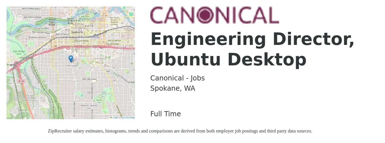 Canonical - Jobs job posting for a Engineering Director, Ubuntu Desktop in Spokane, WA with a salary of $143,100 to $255,800 Yearly with a map of Spokane location.