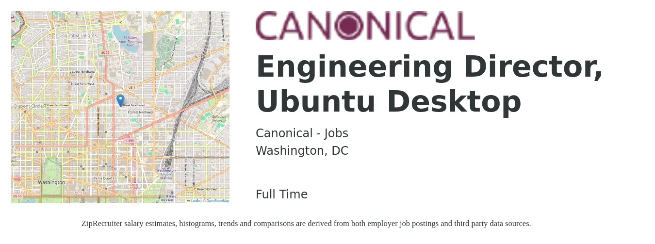 Canonical - Jobs job posting for a Engineering Director, Ubuntu Desktop in Washington, DC with a salary of $160,300 to $286,500 Yearly with a map of Washington location.
