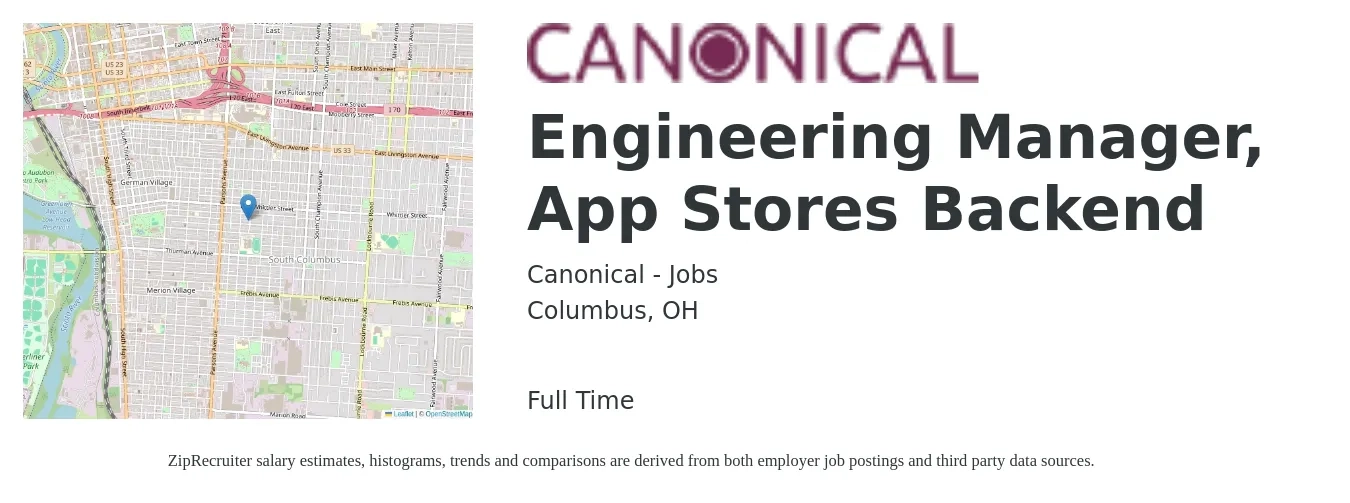 Canonical - Jobs job posting for a Engineering Manager, App Stores Backend in Columbus, OH with a salary of $119,800 to $166,100 Yearly with a map of Columbus location.