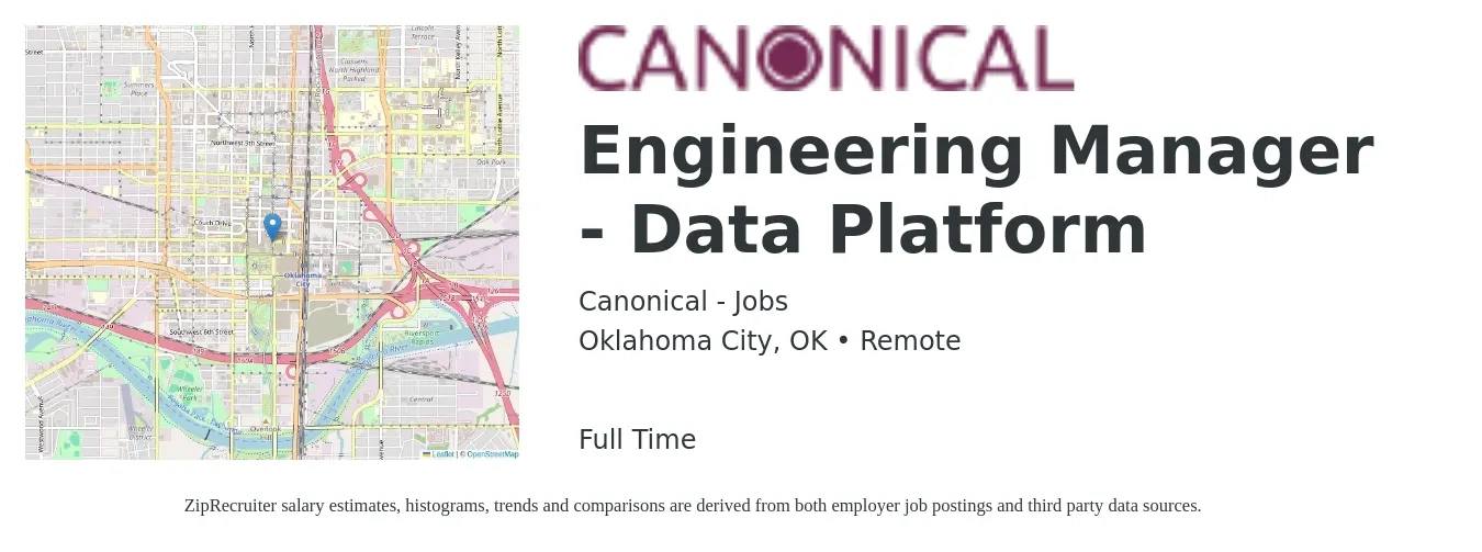 Canonical - Jobs job posting for a Engineering Manager - Data Platform in Oklahoma City, OK with a salary of $160,700 Yearly with a map of Oklahoma City location.