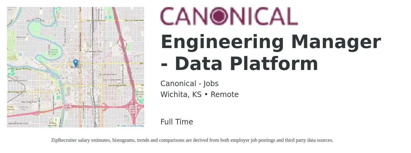 Canonical - Jobs job posting for a Engineering Manager - Data Platform in Wichita, KS with a salary of $154,800 Yearly with a map of Wichita location.