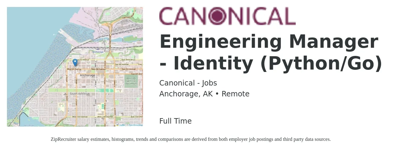 Canonical - Jobs job posting for a Engineering Manager - Identity (Python/Go) in Anchorage, AK with a salary of $112,900 to $168,100 Yearly with a map of Anchorage location.