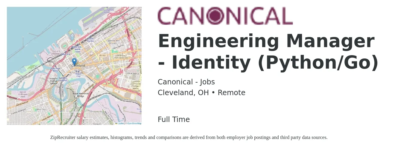Canonical - Jobs job posting for a Engineering Manager - Identity (Python/Go) in Cleveland, OH with a salary of $107,200 to $159,500 Yearly with a map of Cleveland location.