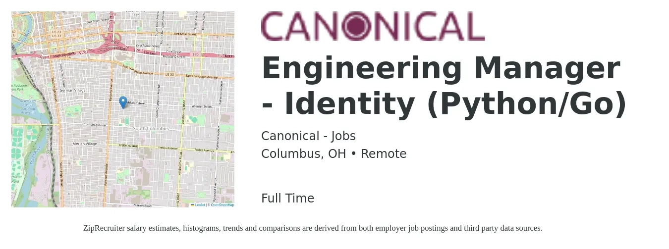 Canonical - Jobs job posting for a Engineering Manager - Identity (Python/Go) in Columbus, OH with a salary of $106,700 to $158,900 Yearly with a map of Columbus location.