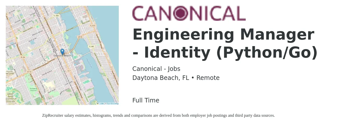 Canonical - Jobs job posting for a Engineering Manager - Identity (Python/Go) in Daytona Beach, FL with a salary of $106,100 to $157,900 Yearly with a map of Daytona Beach location.