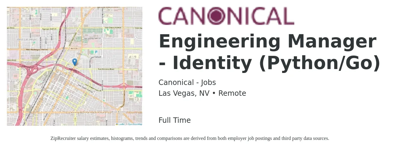 Canonical - Jobs job posting for a Engineering Manager - Identity (Python/Go) in Las Vegas, NV with a salary of $105,500 to $157,100 Yearly with a map of Las Vegas location.