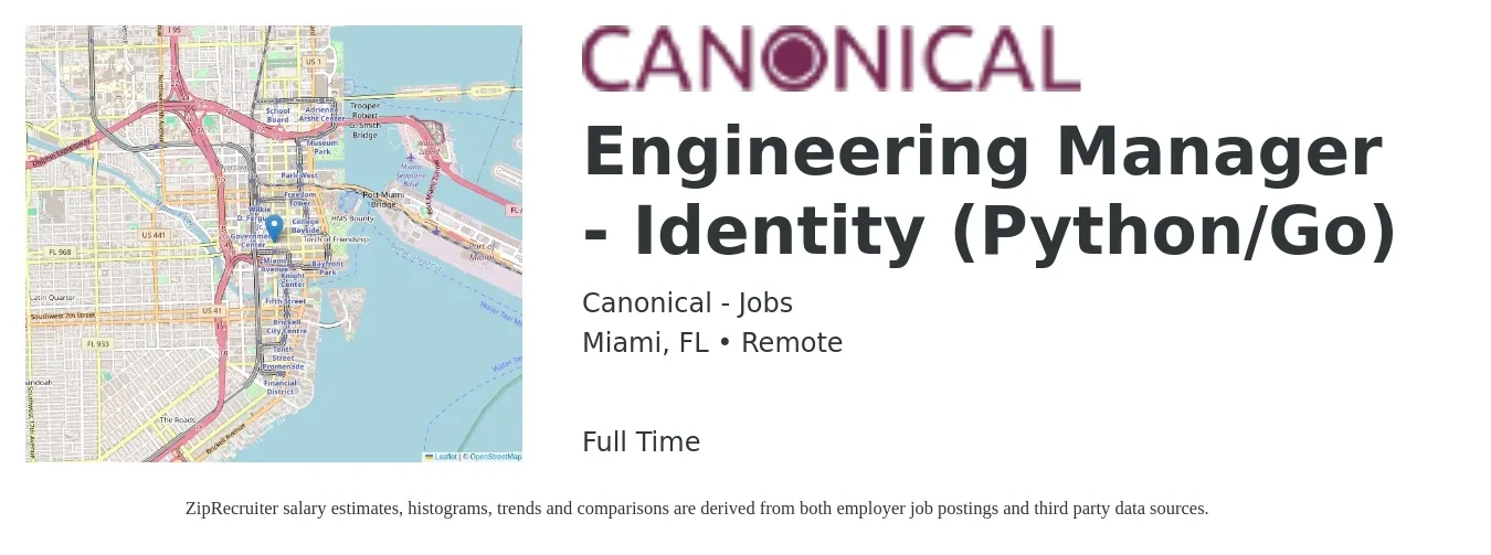 Canonical - Jobs job posting for a Engineering Manager - Identity (Python/Go) in Miami, FL with a salary of $105,700 to $157,300 Yearly with a map of Miami location.