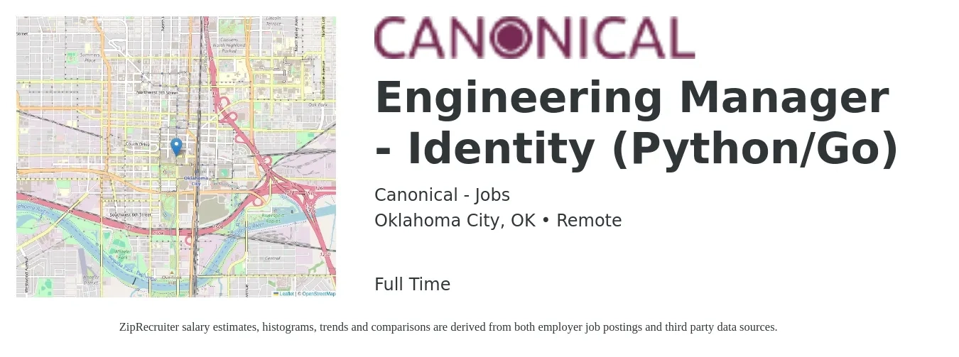 Canonical - Jobs job posting for a Engineering Manager - Identity (Python/Go) in Oklahoma City, OK with a salary of $102,600 to $152,800 Yearly with a map of Oklahoma City location.