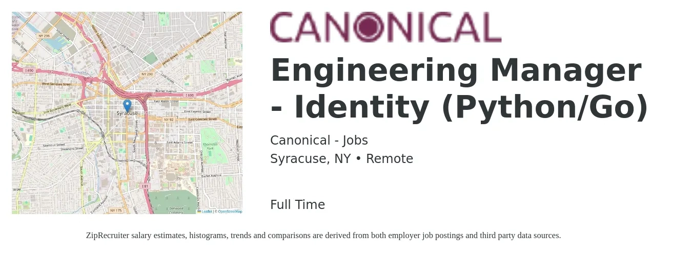 Canonical - Jobs job posting for a Engineering Manager - Identity (Python/Go) in Syracuse, NY with a salary of $109,200 to $162,500 Yearly with a map of Syracuse location.
