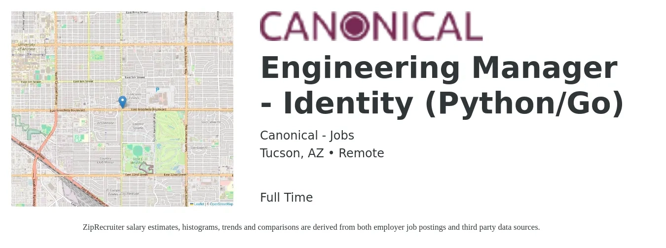 Canonical - Jobs job posting for a Engineering Manager - Identity (Python/Go) in Tucson, AZ with a salary of $104,500 to $155,500 Yearly with a map of Tucson location.