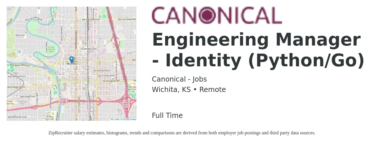 Canonical - Jobs job posting for a Engineering Manager - Identity (Python/Go) in Wichita, KS with a salary of $98,900 to $147,200 Yearly with a map of Wichita location.