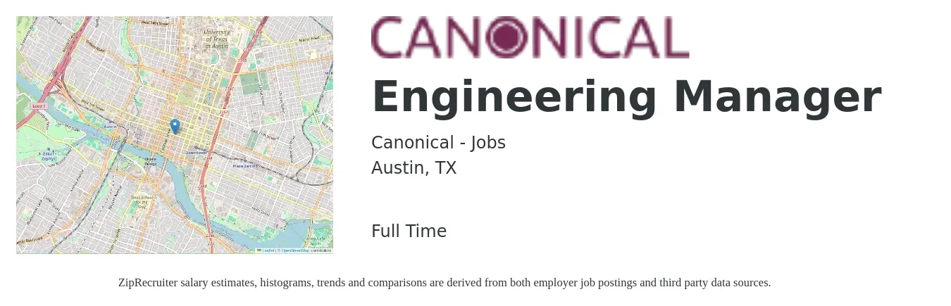 Canonical - Jobs job posting for a Engineering Manager in Austin, TX with a salary of $115,500 to $171,500 Yearly with a map of Austin location.