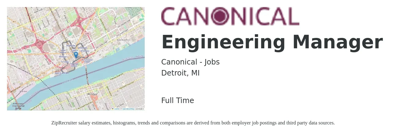 Canonical - Jobs job posting for a Engineering Manager in Detroit, MI with a salary of $115,300 to $171,300 Yearly with a map of Detroit location.