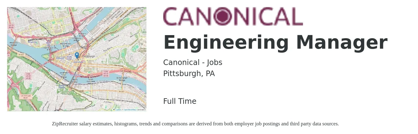 Canonical - Jobs job posting for a Engineering Manager in Pittsburgh, PA with a salary of $113,100 to $168,000 Yearly with a map of Pittsburgh location.