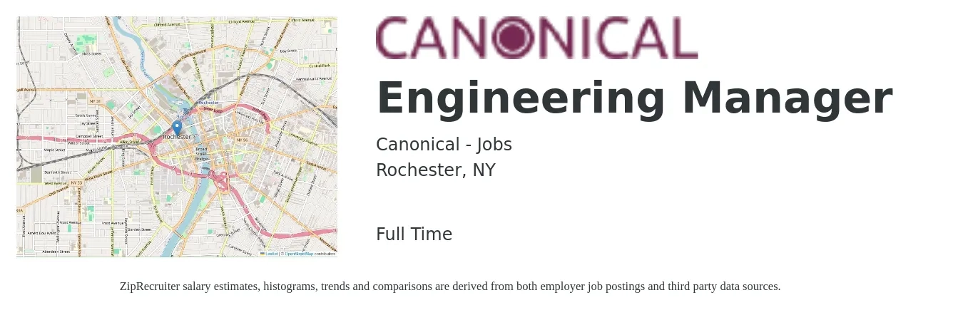 Canonical - Jobs job posting for a Engineering Manager in Rochester, NY with a salary of $114,900 to $170,700 Yearly with a map of Rochester location.