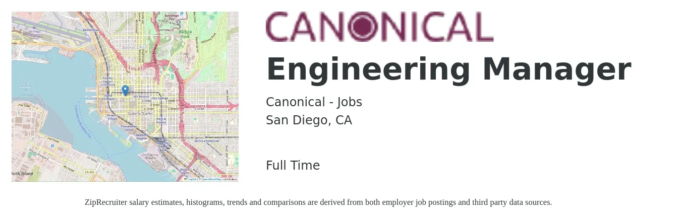 Canonical - Jobs job posting for a Engineering Manager in San Diego, CA with a salary of $123,700 to $183,700 Yearly with a map of San Diego location.