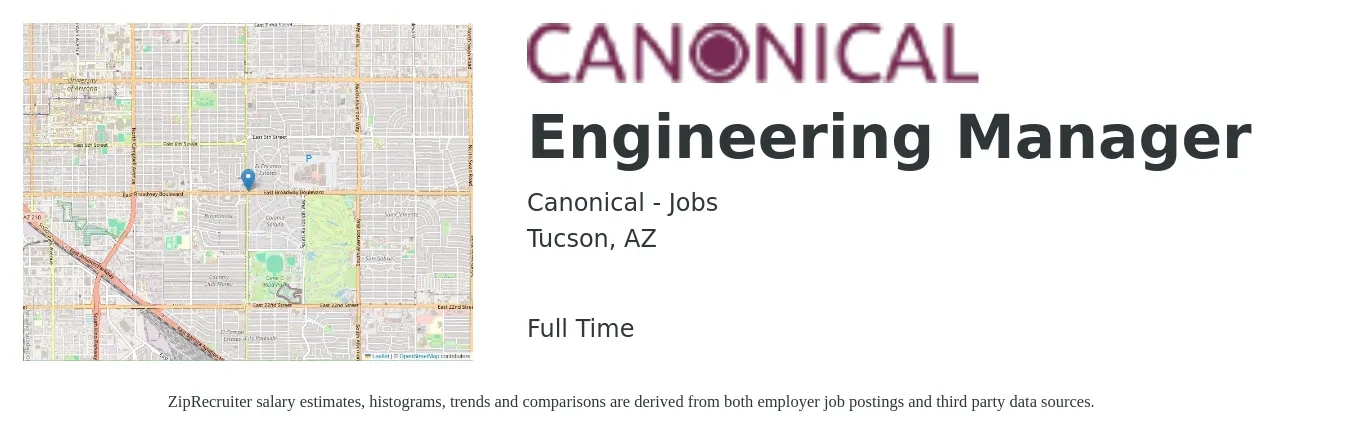 Canonical - Jobs job posting for a Engineering Manager in Tucson, AZ with a salary of $110,100 to $163,600 Yearly with a map of Tucson location.