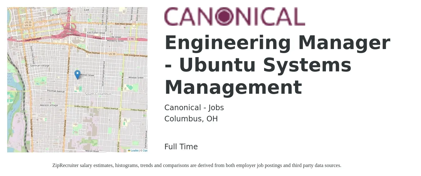 Canonical - Jobs job posting for a Engineering Manager - Ubuntu Systems Management in Columbus, OH with a salary of $112,500 to $167,100 Yearly with a map of Columbus location.