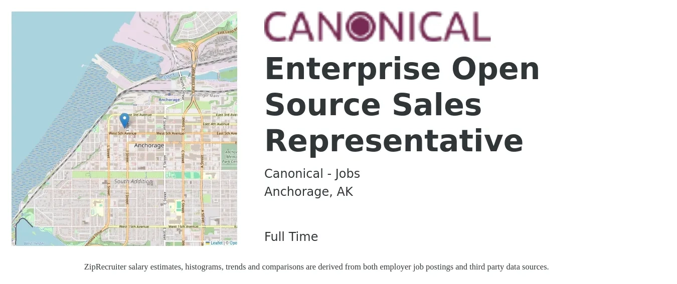 Canonical - Jobs job posting for a Enterprise Open Source Sales Representative in Anchorage, AK with a salary of $54,700 to $95,000 Yearly with a map of Anchorage location.