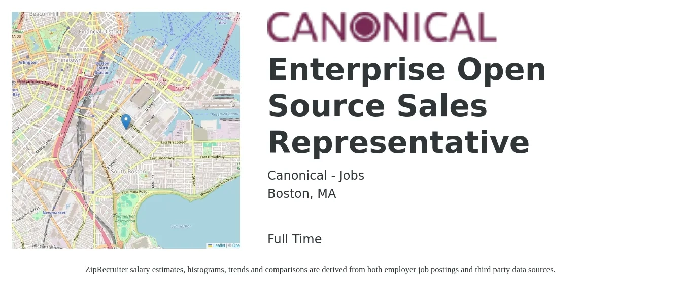 Canonical - Jobs job posting for a Enterprise Open Source Sales Representative in Boston, MA with a salary of $58,100 to $101,000 Yearly with a map of Boston location.