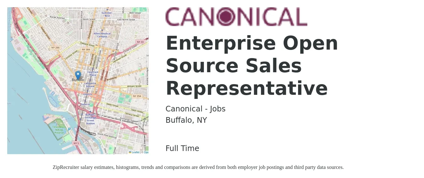 Canonical - Jobs job posting for a Enterprise Open Source Sales Representative in Buffalo, NY with a salary of $51,800 to $90,100 Yearly with a map of Buffalo location.