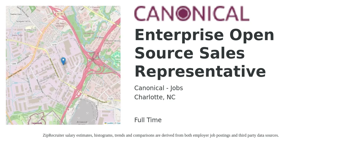 Canonical - Jobs job posting for a Enterprise Open Source Sales Representative in Charlotte, NC with a salary of $52,300 to $90,800 Yearly with a map of Charlotte location.