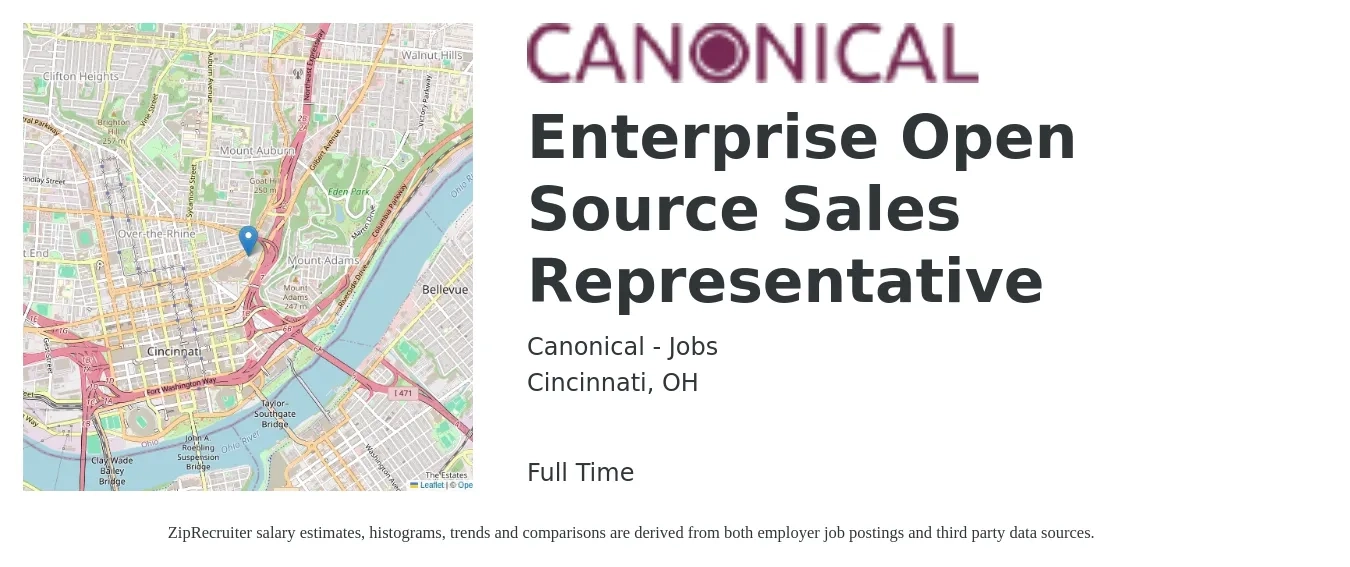 Canonical - Jobs job posting for a Enterprise Open Source Sales Representative in Cincinnati, OH with a salary of $51,300 to $89,200 Yearly with a map of Cincinnati location.