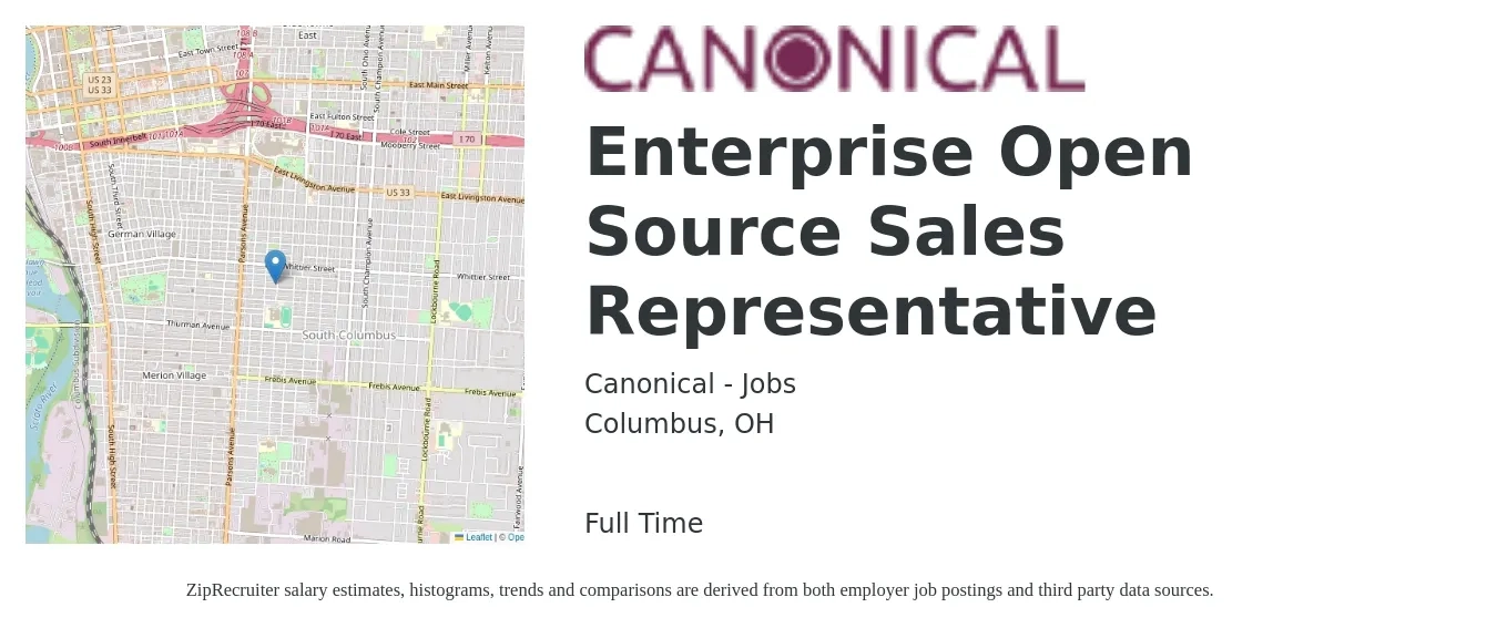 Canonical - Jobs job posting for a Enterprise Open Source Sales Representative in Columbus, OH with a salary of $51,700 to $89,800 Yearly with a map of Columbus location.