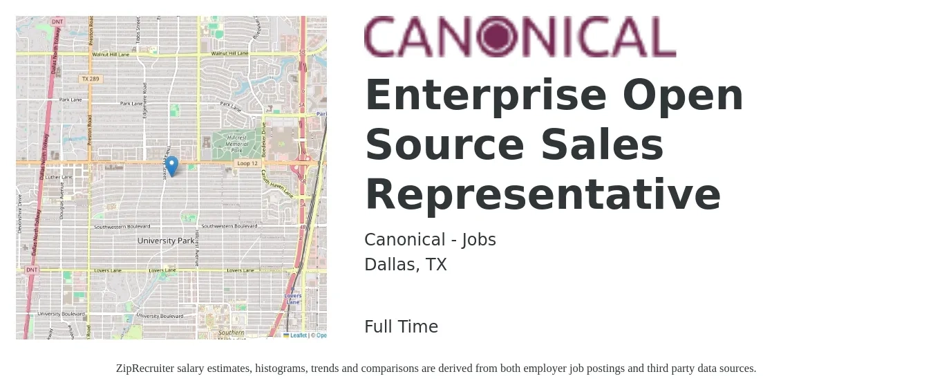 Canonical - Jobs job posting for a Enterprise Open Source Sales Representative in Dallas, TX with a salary of $52,900 to $92,000 Yearly with a map of Dallas location.