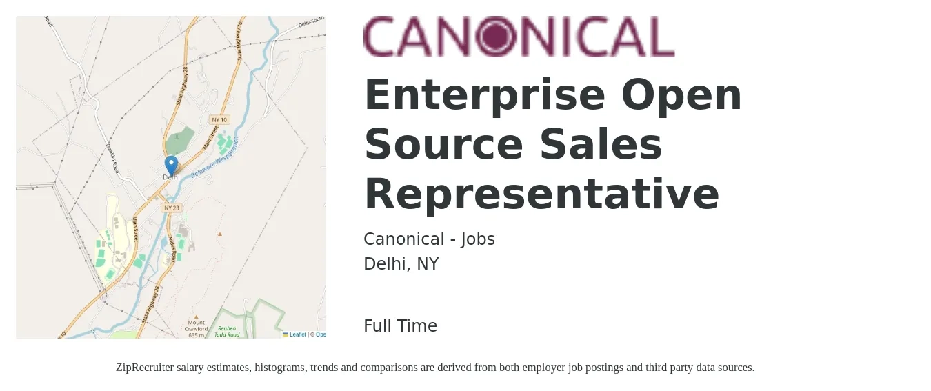 Canonical - Jobs job posting for a Enterprise Open Source Sales Representative in Delhi, NY with a salary of $54,800 to $95,300 Yearly with a map of Delhi location.