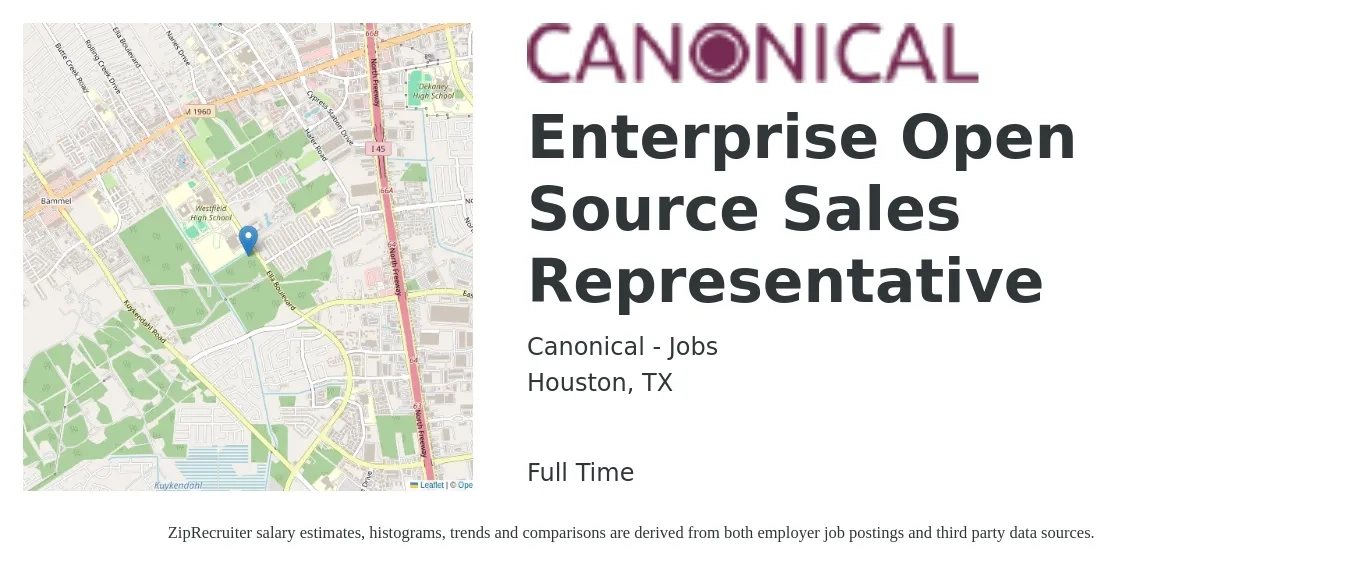 Canonical - Jobs job posting for a Enterprise Open Source Sales Representative in Houston, TX with a salary of $51,100 to $88,800 Yearly with a map of Houston location.