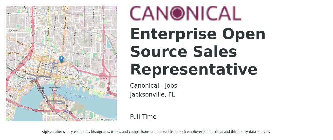 Canonical - Jobs job posting for a Enterprise Open Source Sales Representative in Jacksonville, FL with a salary of $49,600 to $86,200 Yearly with a map of Jacksonville location.