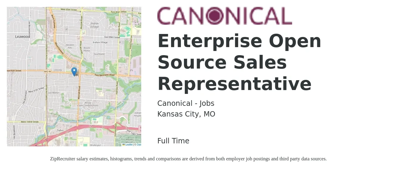 Canonical - Jobs job posting for a Enterprise Open Source Sales Representative in Kansas City, MO with a salary of $52,200 to $90,800 Yearly with a map of Kansas City location.