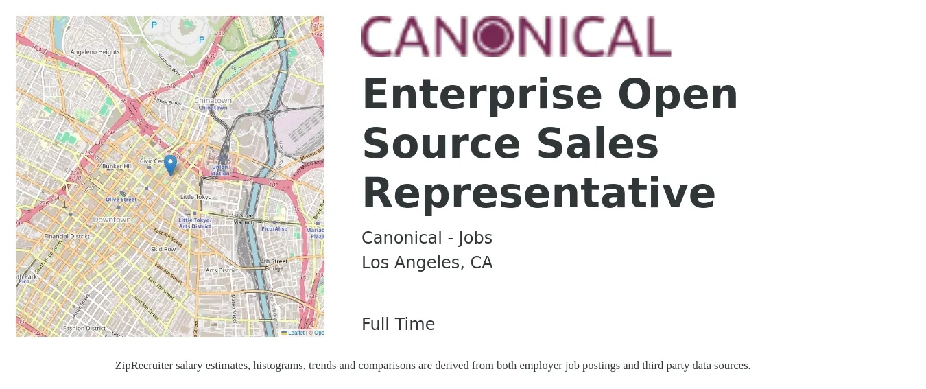 Canonical - Jobs job posting for a Enterprise Open Source Sales Representative in Los Angeles, CA with a salary of $57,600 to $100,200 Yearly with a map of Los Angeles location.