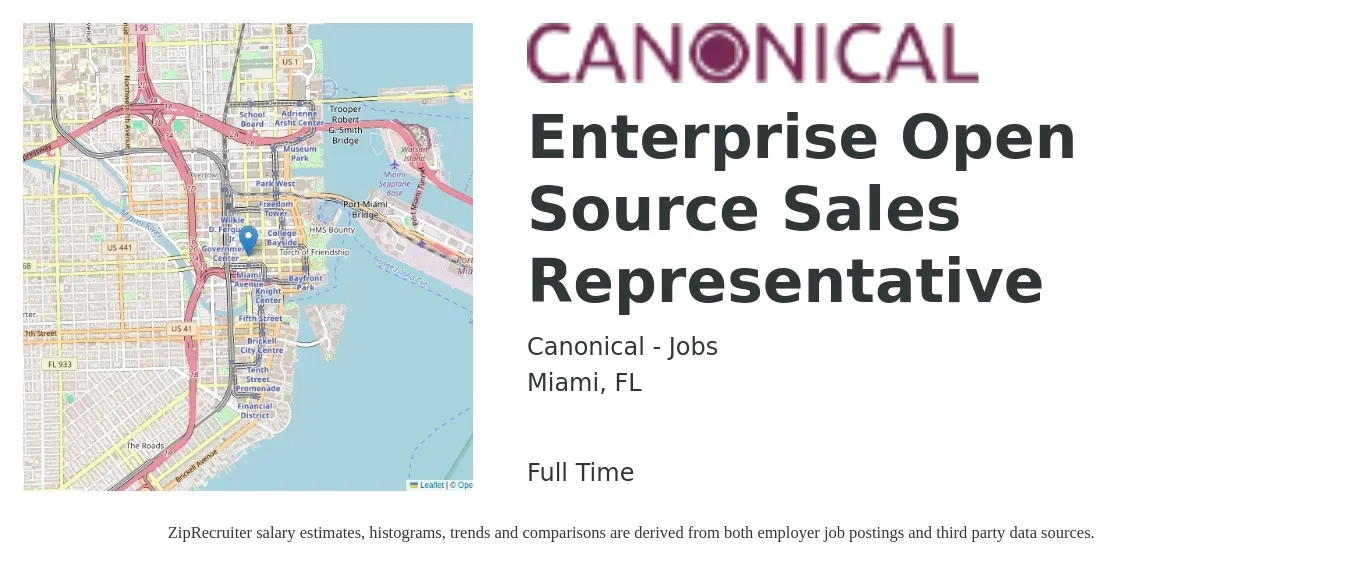 Canonical - Jobs job posting for a Enterprise Open Source Sales Representative in Miami, FL with a salary of $51,200 to $88,900 Yearly with a map of Miami location.