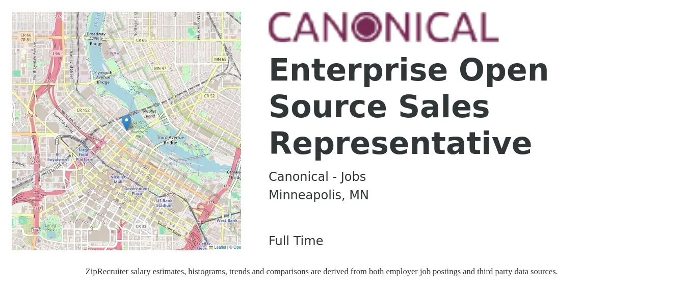 Canonical - Jobs job posting for a Enterprise Open Source Sales Representative in Minneapolis, MN with a salary of $55,800 to $97,100 Yearly with a map of Minneapolis location.
