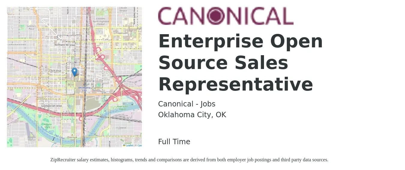 Canonical - Jobs job posting for a Enterprise Open Source Sales Representative in Oklahoma City, OK with a salary of $49,700 to $86,400 Yearly with a map of Oklahoma City location.