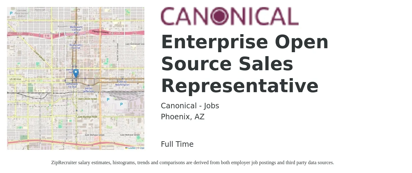 Canonical - Jobs job posting for a Enterprise Open Source Sales Representative in Phoenix, AZ with a salary of $53,100 to $92,300 Yearly with a map of Phoenix location.