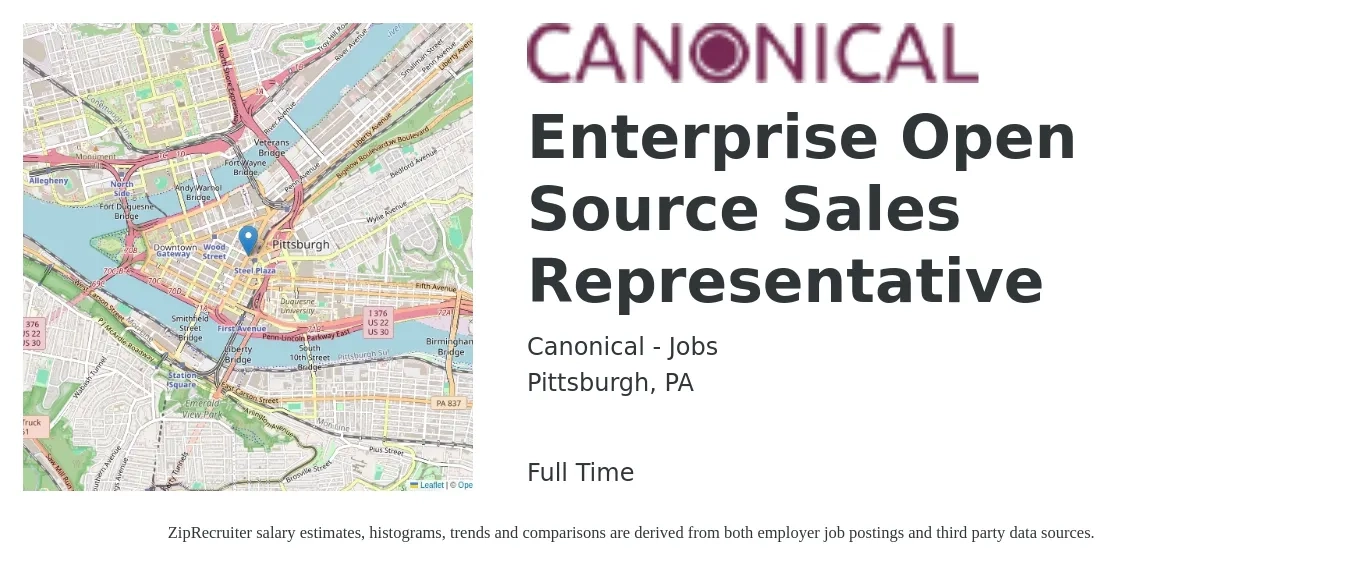 Canonical - Jobs job posting for a Enterprise Open Source Sales Representative in Pittsburgh, PA with a salary of $51,900 to $90,300 Yearly with a map of Pittsburgh location.